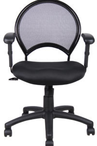 Office chair with black frame, padded seat, and mesh backrest on wheels, isolated on a white background.
