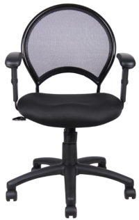 Office chair with black frame, padded seat, and mesh backrest on wheels, isolated on a white background.