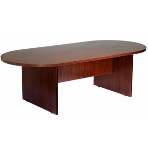 TOS 71W X 35D Race Track Conference Table, Cherry Laminate-shaped, mahogany conference table with smooth, glossy finish and two slab legs, isolated on a white background.