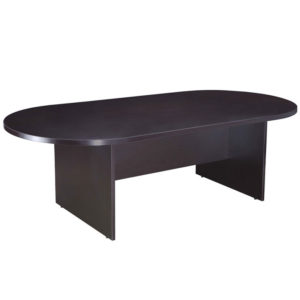 TOS 71W X 35D Race Track Conference Table, Cherry Laminate-shaped office table in dark finish with solid side panels, isolated on a white background.