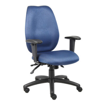 High-Back Task Chair with Adjustable Arms, Blue featuring a five-wheeled base.