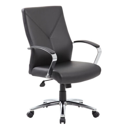 Executive CaressoftPlus Chair with Metal Chrome Finish-Guest Chair with chrome armrests and base, featuring adjustable height and wheeled legs.