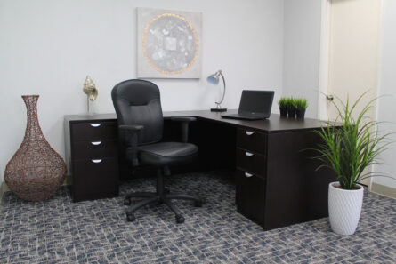 Modern office space featuring a dark wooden desk with a laptop, Black Leather Task Chair W/ Wild Arms, decorative plants, a large vase, and an abstract wall painting.