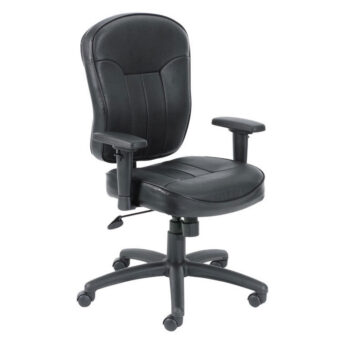 Black Leather Task Chair W/ Wild Arms with adjustable armrests and wheeled base on a white background.