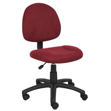 Perfect Posture Deluxe Office Task Chair without Arms, Burgundy with a curved back and black plastic wheeled base, featuring a height adjustment lever.