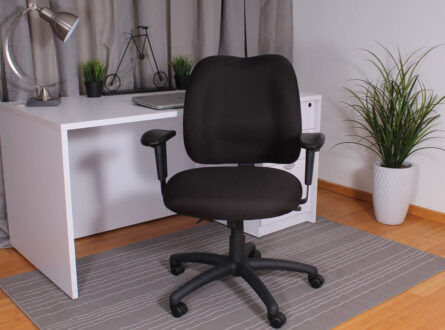 A neat home office setup with a Multi-Function Task Chair in front of a white desk, holding a laptop, accompanied by plants and a lamp on the sides.