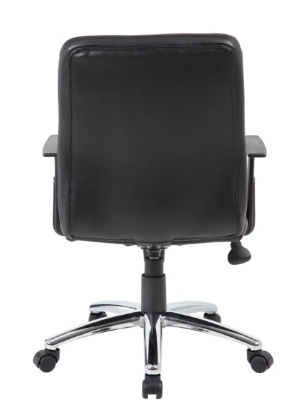 Retro Task Chair with Black T-Arms with armrests and a chrome swivel base, viewed from the back.