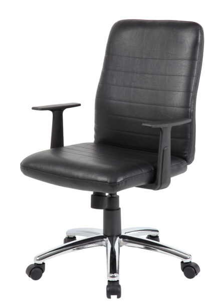 Retro task chair with black T-arms and a chrome swivel base, isolated on a white background.