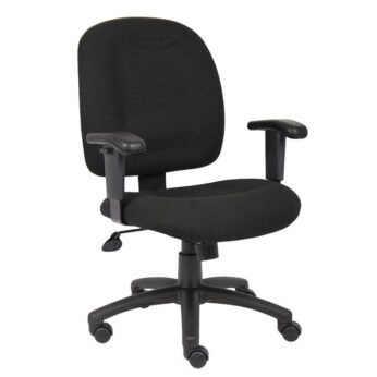 Black Fabric Task Chair W/ Adjustable Arms with a five-wheel base on a white background.