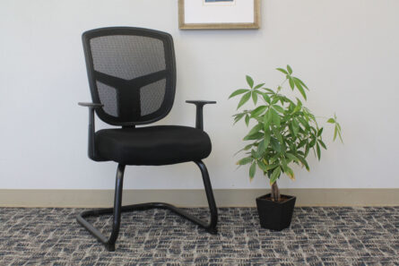 Contract Mesh Guest Chair and a potted plant against a neutral wall on a patterned carpet floor.