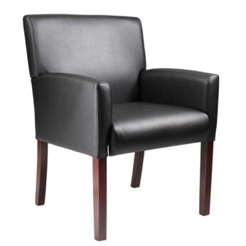 A modern Reception Box Arm Chair with mahogany finish and dark wooden legs, isolated on a white background.