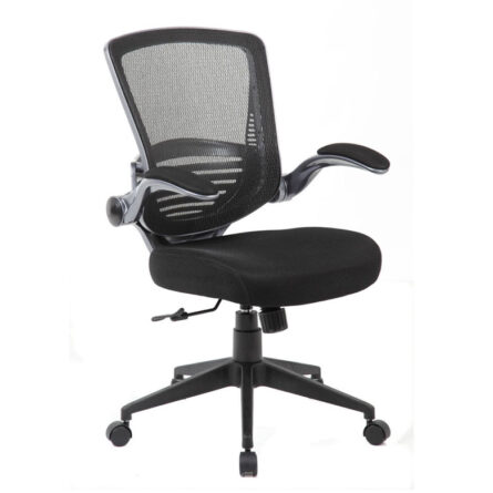 Contemporary Mesh Task Chair with adjustable armrests on wheels, isolated on a white background.