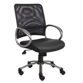 A black modern office chair with a Mesh Back W/ Pewter Finish Task Chair, leather seat cushion, armrests, and wheeled base.