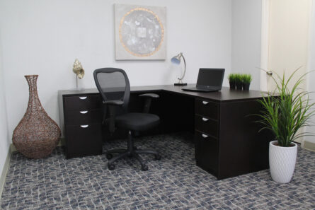 A neat office space with a dark wood desk, Budget Mesh Task Chair, laptop, two plants, and decorative vase, under a framed artwork.