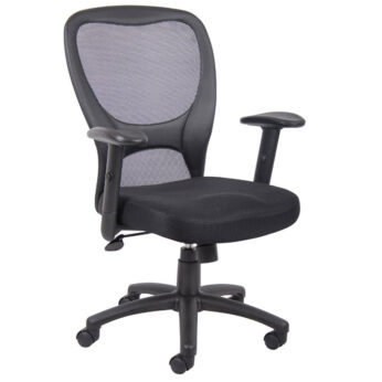 Budget Mesh Task Chair with mesh backrest, adjustable armrests, and five-wheeled base.