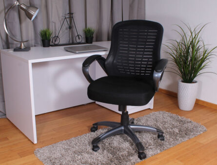 A neat home office setup with a Ribbed High Back Mesh Chair in front of a white desk holding a laptop, paired with a lamp and potted plants, on a gray rug.