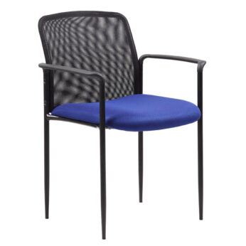 Black stackable mesh guest chair with blue cushioned seat, isolated on a white background.