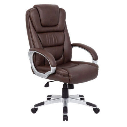 NTR" Executive LeatherPlus Chair, Brown with armrests and a silver base on wheels, featuring adjustable height lever.