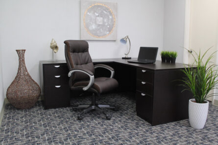 A modern office with a dark wood desk, Double Plush High Back Executive Chair, a laptop, decorative plants, a large vase, and an abstract painting on the wall.