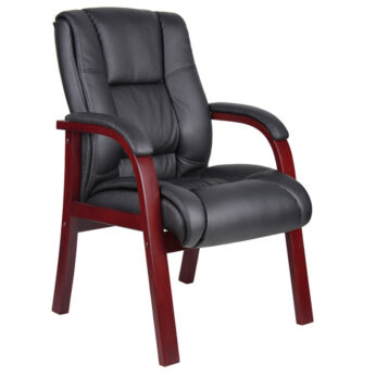 A mahogany wood finished guest chair with padded arms and a black leather upholstery, isolated on a white background.