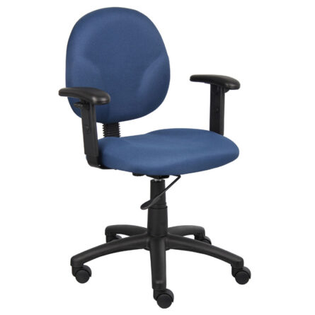 Diamond Task Chair W/ Adjustable Arms with blue upholstery and black armrests on a five-wheel base.