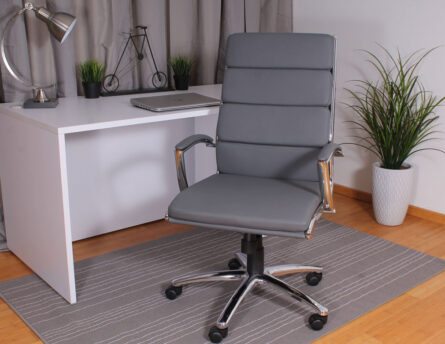 A modern home office setup with a CaressoftPlus Executive Chair, white desk, laptop, desk lamp, and two potted plants in a neutral-toned room.