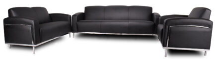 A set of modern Black Caressoft Plus Sofa W/Chrome Frame furniture, including a three-seater sofa flanked by two matching armchairs, all with metallic legs, isolated on a white background.