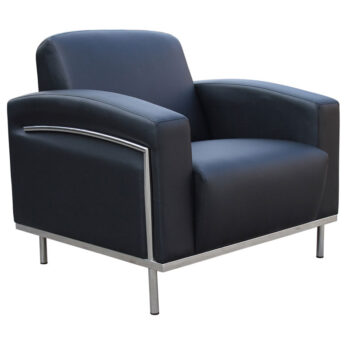 A modern Black CaressoftPlus Lounge Chair W/Chrome Frame with sleek metal legs, isolated on a white background.