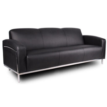 Black Caressoft Plus Sofa W/Chrome Frame with metal legs isolated on a white background.