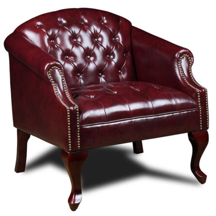 Classic Traditional Button Tufted Club Chair with nailhead trim and curved wooden legs.