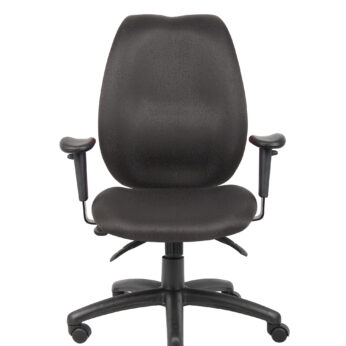 Sentence with Product Name: A High-Back Task Chair with Adjustable Arms, Black, upholstered in black fabric, isolated on a white background.