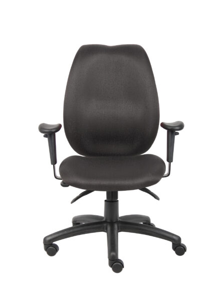 Sentence with Product Name: A High-Back Task Chair with Adjustable Arms, Black, upholstered in black fabric, isolated on a white background.