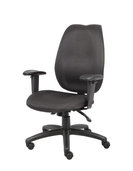 A High-Back Task Chair with Adjustable Arms, Black with adjustable armrests and a five-wheel base, isolated on a white background.