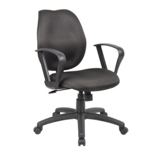 Black Task Chair With Loop Arms with adjustable height, armrests, and a five-wheeled base on a white background.