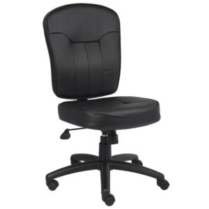 Black Leather Task Chair with a padded seat and backrest, featuring wheel casters and armless design.