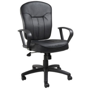 Black Leather Task Chair W/ Loop Arms with armrests and a five-wheeled base.