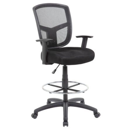 Adjustable drafting chair with black mesh back, padded seat, foot ring, and five-wheeled base.