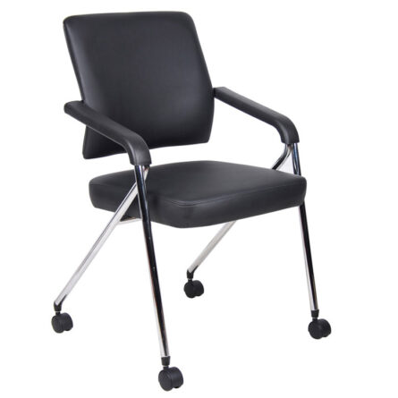 Black office chair with padded armrests and silver metal legs on wheels, isolated on a white background.