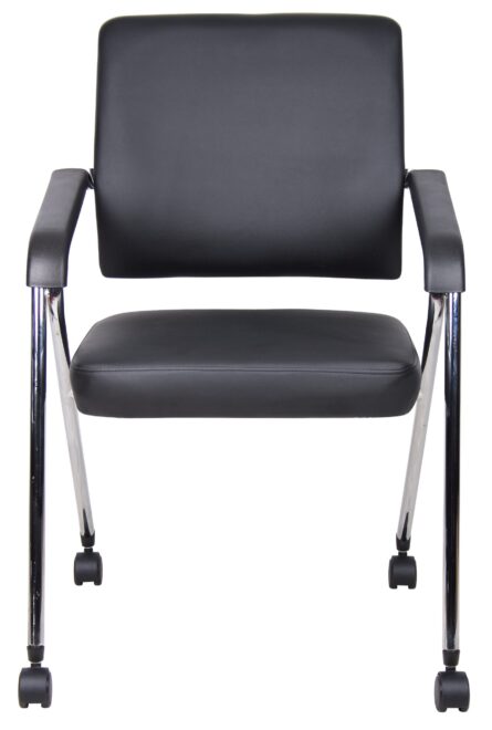 TOS Black Caressoft Plus Training Chair With Chrome Frame with black upholstery and chrome legs, equipped with armrests and small casters.