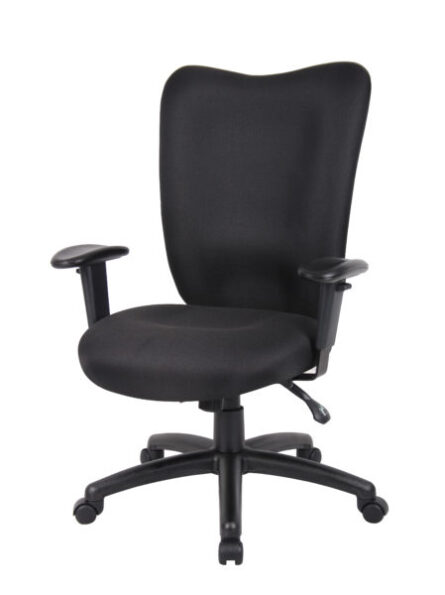 Extended Comfort Commercial Fabric Adjustable Office Chair Black with adjustable armrests and wheels, isolated on a white background.