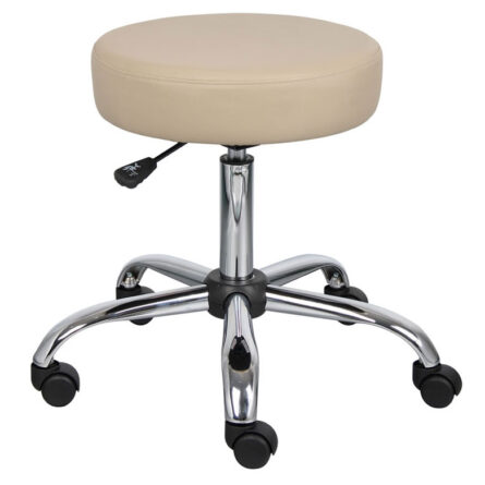 A beige, adjustable-height stool with a padded seat, chrome base, and black caster wheels.