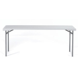 A simple gray rectangular TOS Molded Folding Table 20" x 71" with metal legs, isolated on a white background.