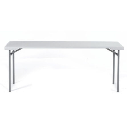 A simple gray rectangular TOS Molded Folding Table 20" x 71" with metal legs, isolated on a white background.