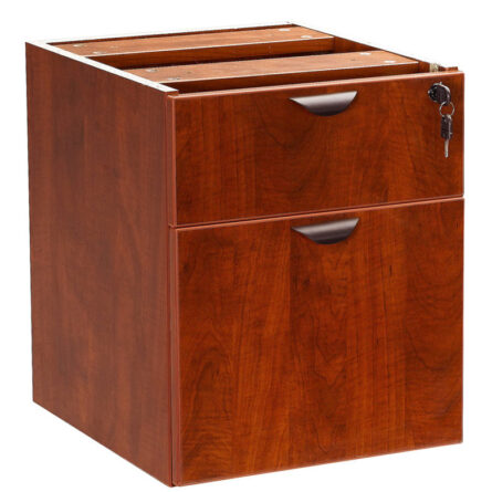 TOS 2 Hanging Pedestal-3/4 Box/File , Cherry with two drawers, each featuring a silver handle, and a lock on the top drawer.