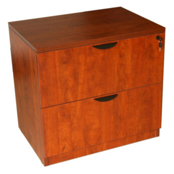 A TOS 2-Drawer Lateral File with a lock, featuring a smooth cherry finish.