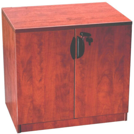 TOS Storage Cabinet-Cherry with a glossy red finish and black handles, featuring a lock on one door.