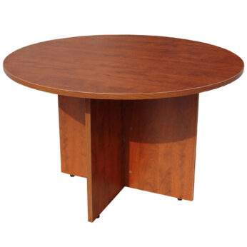 A TOS 42″ Round Table, Cherry with a smooth top and three-panel base, isolated on a white background.