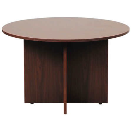 A TOS 42" Round Table, Mahogany with a smooth, dark finish and a central support column, isolated on a white background.