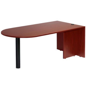 An TOS Bullet Desk in Mahogany Laminate with a cherry wood finish and a black metal leg, featuring a modesty panel on one side.