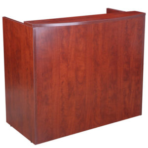 A simple wooden TOS 48" Reception Desk in Cherry Laminate with a smooth, glossy mahogany finish, featuring a straight front design and no visible hardware.